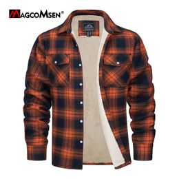 Mens Jackets MAGCOMSEN Fleece Plaid Flannel Shirt Jacket Button Up Casual Cotton Thicken Warm Spring Work Coat Sherpa Outerwear 230829