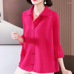 Women's Blouses Top For Women Autumn And Spring Fashion Flare Sleeve Turndown Collar Stretch Miyake Pleated Solid Colour Shirt