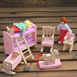 Doll House Accessories Pink Bathroom Furniture Bunk Bed for Dolls Wood Miniature Wooden Toys Children Birthday Xmas Gifts 230830