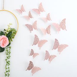 Wall Stickers 12pcs 3D Hollow Rosegold Butterfly Decorative Sticker for Home Living Room Bedroom Kids Wedding Decor 230829