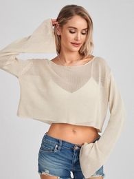 Women's T Shirts Knit Crop Tops T-Shirts Casual Loose Flare Long Sleeve Scoop Neck Solid Colour Beach Cover-ups For Swimming Beachwear