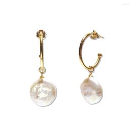 Stud Earrings Lii Ji Coin Baroque Pearl 925 Sterling Silver Gold Color Freshwater 17-18mm Earring