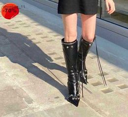 Boots KneeHigh Boots Shoes Designers Shoe Lambskin Leather Stud Buckle Embellished Side Zip Pointed Toe Stiletto Heel Tall Luxury 2022 8797211