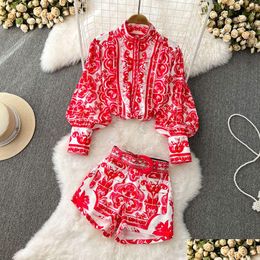 Two Piece Dress Women Autumn Vintage Short Set Runway Floral Print Lantern Sleeve Blouse Shirts And Pockets Belt Shorts Suit 2023 Drop Dhefp