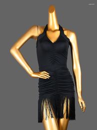 Stage Wear Solid Color Dance Tango Tassels Dress Latin High Waist Female Clothing Girl Competition Clothes Pleated Dresses For Prom