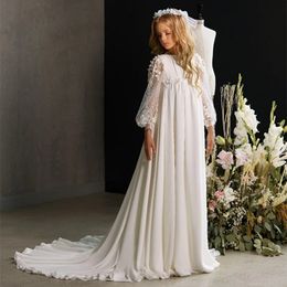 Elegant Boat Neck Long Sleeve Wedding Party Formal Occasion Trailing Flower Girl Dress Birthday First Communion Pageant Party