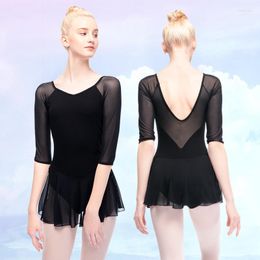 Stage Wear Women Ballet Leotards Dance Dress Soft Mesh Splice Three Quarter Sleeve Cotton Ballerina Costume Gymnastics Leotard