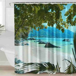 Shower Curtains Sunset Sea Landscape Shower Curtain 3D Print Tree Anti-mold Waterproof Bathroom Curtains Home Wall Decor Bathroom Curtains R230830