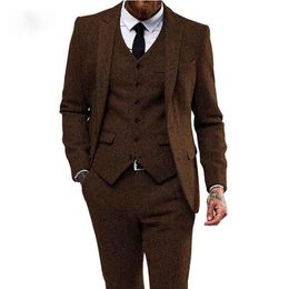 Brown herringbone tweed men suits for wedding 3 pieces smoking blazer man suit costume homme last jacket with tuxedo pan308O