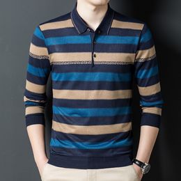 Mens Polos Clothing Autumn Winter Stripe Button Tees Long Sleeve Polo Tshirt Business Pullover Casual Slim Loose Fashion Tops 230830