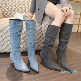 Boots Summer and Autumn Fashion Pleated Western Denim Boots Thin High Heels Slim Women's Boots Up to Knee Length