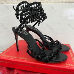 Designer Sandalo Sandali di cristallo Décolleté da donna Rene Cinturini lunghi Scivoli Moda Strass in pelle Tacco alto Scivolo Estate Dupe Décolleté per feste di nozze di lusso Taglia 35-42