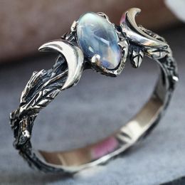 Band Rings Vintage Oval Moonstone Ring Double Moon for Women Man Zinc Alloy Branch Party Gifts Trendy Promise Jewellery 230830