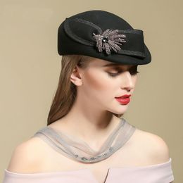 Beret Chic Fascinator Hat Cocktail Pillbox Cap Fashion Diamond Lady Party 100 Wool Felt Fedora Cloche 54 58cm 230829