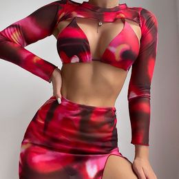 Two Piece Dress Summer Beach Rave Y2K 3 Set Long Sleeve Crop Tops Sexy Bra Split Mini Skirt Streetwear Party Women Festival Matching Suits 230830