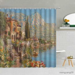 Shower Curtains Nature Landscape Watercolor Shower Curtain Forest River Mountain High Quality Bath Screen Bathroom Curtains With R230831