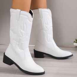 Boots White PU Leather Cowboy Boots for Women Embroidered pointed toe Mid Calf Boots Woman Plus Size 43 Slip-On Western Botas De Mujer 230830