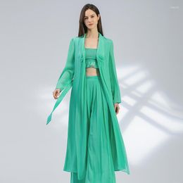 Women's Trench Coats Jacquard Silk-paneled Georgette Silk Puff Long-sleeve And Jackets Women -trimmed Lace-up Turquoise Coat FY071