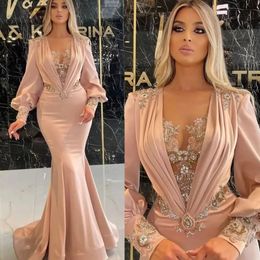 Elegant Satin Mermaid Evening Dresses Deep V Neck Crystal Beading Long Sleeve Prom Gowns Custom Made Plus Size Pageant Party Wear