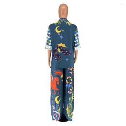 Women's Two Piece Pants Loose Fit Shirt Set Charming Cartoon Print Casual Outfit Lapel High Waist Wide Leg For Any