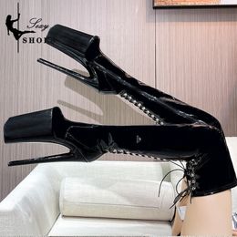 Boots Ultrahigh Heel Platform Stripper Shoes For Women 26CM Over the Knee botas Rear Strap Trend 2023 Ladies Patent Leather Boot 230830