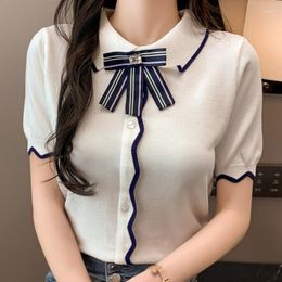 Women's Sweaters 2023 Summer Knitted Sweater Women Short Sleeve Turn Down Collar Shirt Button Bow Striped Elegant SILK Tops White Black