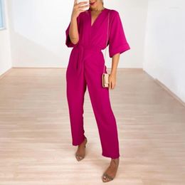Women's Two Piece Pants Solid Elegant Jumpsuit Spring/Summer Loose Large V-neck Short Sleeve Lace Up Waist Straight Leg
