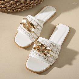 Slippers Chain Summer For Women Flats 2023 Korean White Flip Flops Female Sandals Outdoor Trend Luxury Designer