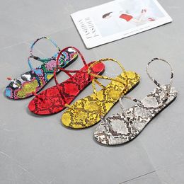 Sandals Shoes For Women 2023 Sexy Fashion Flat Low Heel Round Toe Open Snake Print Ankle Strap Women's