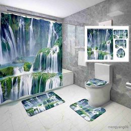 Shower Curtains Forest Waterfall Shower Curtain Set Nature Mountain Travel Shower Curtain Bathroom Non-Slip Bath Mat Cover R230831