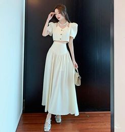 Work Dresses French Vintage Small Fragrance Two Piece Set Women Puff Sleeve Short Shirt Top Long Skirt Suits Elegant Fashion 2 Sets