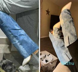 New Fashion Tube Knee High Boots Wedge Heel Denim Zipper Plus Blue Splice Working Winter