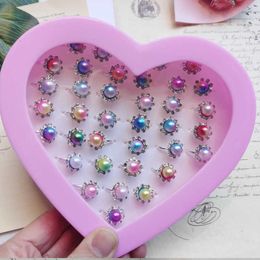 12pcs/set Mixed Rhinestone Bow Heart Ring Baby Kids Girl Children's Adjustable Alloy Rings For Christmas