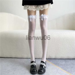 Others Apparel White Silk Bow Stockings Women's Japanese JK Overtheknee Stockings Sexy Lace High Thigh Fishnet Socks Long Lolita Socks J230830