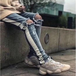 Newest Design Winter Mens Jeans Designer Famous Brand Mens Washed White Stripe Off Casual Slim Lightweight Stretch Skinny Pants St3028