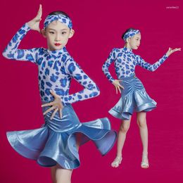 Stage Wear Kids Performance Split Suit Leopard Top Blue Skirts For Girls Latin Dance Clothes Child Ballroom Tango Salsa Dress SL7803