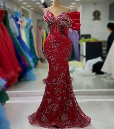 2023 Aso Ebi Arabic Red Mermaid Prom Dress Crystals Sequined Lace Evening Formal Party Second Reception Birthday Engagement Gowns Dresses Robe De Soiree ZJ732