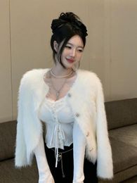 Women's Knits Tees White V Neck Cropped Knitted Mink Cardigan Retro Casual Sweater Coat Women Black Elegant Cashmere Top Jacket Autumn Winter Thick 230830