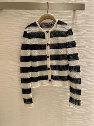 Women's Knits Striped Cardigan Crewneck Single Breasted Hollowed Out Design Fashion 2023 Fall