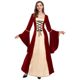 Elegant Theme Costume for Drama Stage European and American Retro Style Medieval Dress with Tie Waist and Luxurious Gold Diamond Design