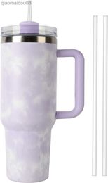 Tumblers 40 oz with Handle 2.0 Reusable Vacuum Tumbler With Lid Straws Insulated Cup Maintains Cold Heat and Ice for Hours (Tie Dye Purple) HKD230830