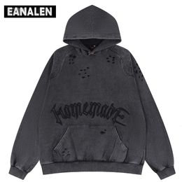 Men's Hoodies Sweatshirts Harajuku retro embroidered letter hole hoodie men's winter loose hip hop goth street dress oversized sweater women's y2k Grunge 230829