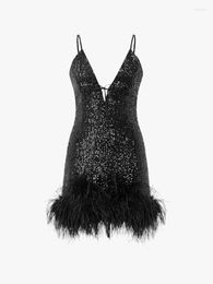 Casual Dresses Women Sexy Black Sequins Feather Pleated Mini Sling Backless V Neck Sleeveless 2023 Slim Summer Night Club Party Robe