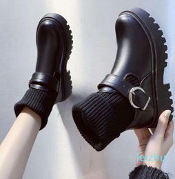 Sexy Women Leather Autumn Boots Block Heel Black Style Platform Shoes Female Footwear High Quality