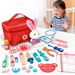 Tools Workshop Doctor Toys for Children Set Kids Wooden Pretend Play Kit Games Girls Boys Red Dentist Medicine Box Cloth Bags Gifts 230830