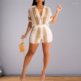 Women's Tracksuits 2023 Fashion Casual Street Sexy Cut-out See-through Lapel Knitted Shorts Two Piece Set