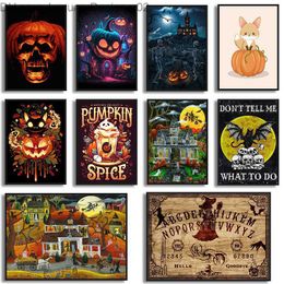 Vintage Fantasy Magic Neon Pumpkin Art Halloween Black Cat Skull Fox Poster Canvas Painting Wall Print Picture Room Home Decor Q230830