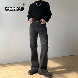 Mens Jeans Men Paint Broken Hem Small Bootcut Casual Denim Pant Male Streetwear Vintage Fashion Loose Trousers 230829