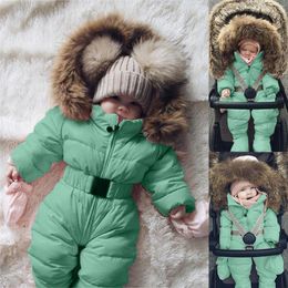 Down Coat Long-sleeved Winter Lamb And Cotton Liner Solid Baby Girls Snowsuit Romper Hooded Warm Outerwear Jacket Jumpsuit