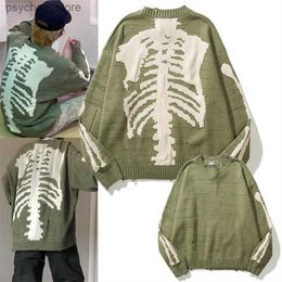 Men Oversized Sweater Green Loose Skeleton Bone Print Women Vintage Retro Knitted Sweater Autumn Cotton Pullover Couples Unisex Q230830